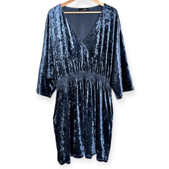 Suzanne Betro Blue Crushed Velvet V Neck Dolman Sleeve Stretchy Dress Women's XL - Picture 1 of 9